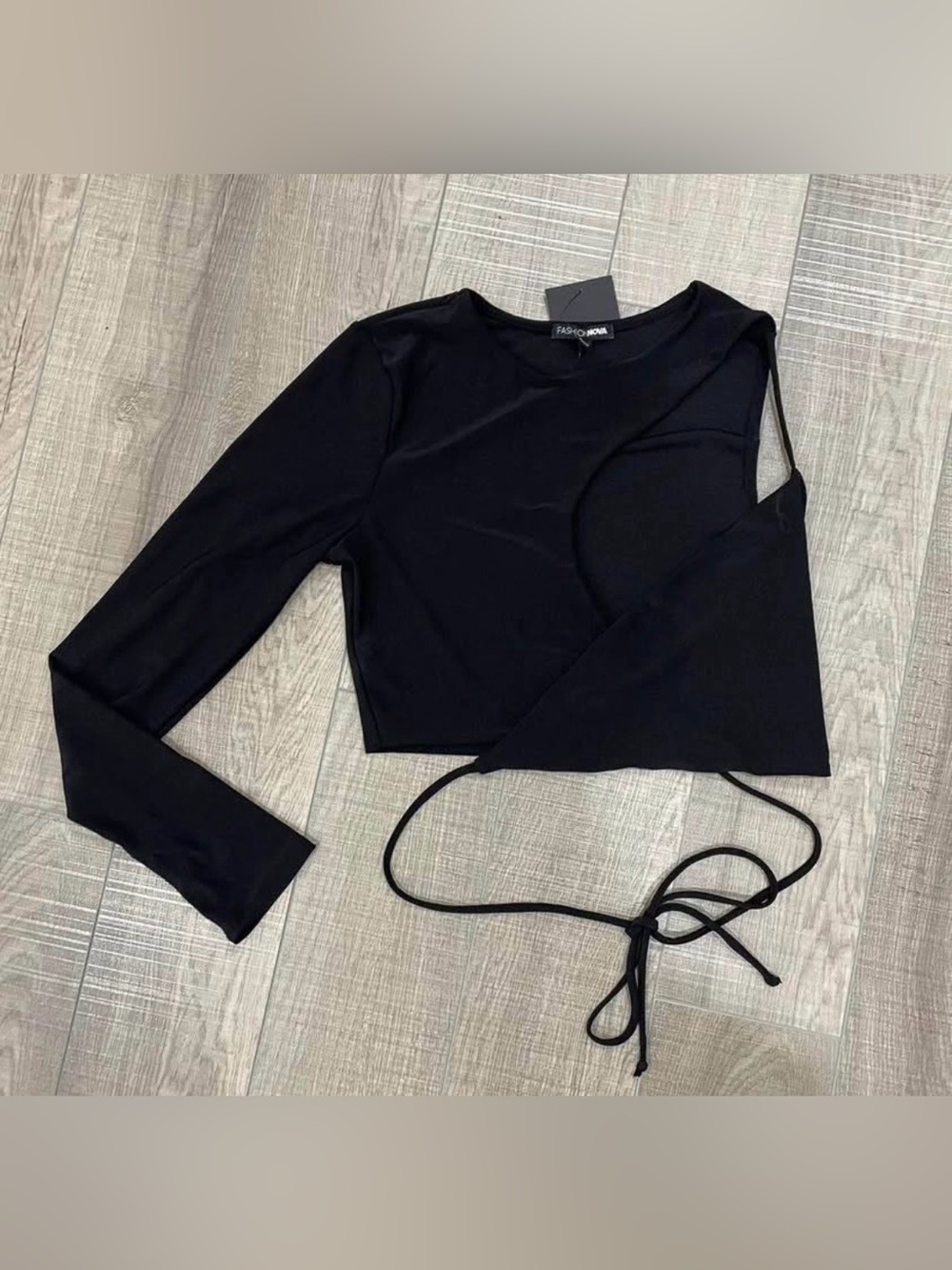 Fashion Nova Black Asymmetric Wrap Crop Long Sleeve Top